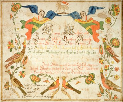 Fraktur for the Birth and Baptismal Certificate for Elizabeth Wachter (1808-71) 1808 by American School