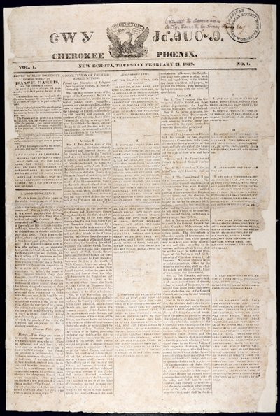 Front Page from the Cherokee Phoenix, 21st February, 1828 by American School