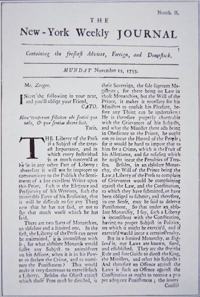 Front Page of the New-York Weekly Journal Discussing Freedom of Press by American School