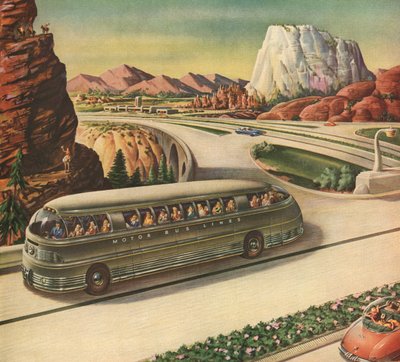 Futuristic Passenger Bus Travelling on a Highway in the American Southwest by American School
