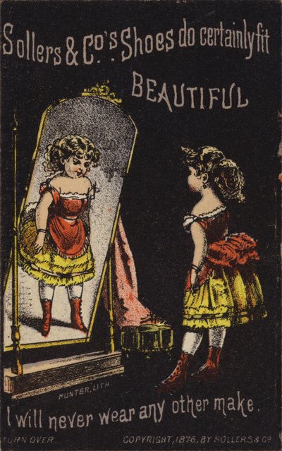Girl Looking in Mirror at Red Boots by American School