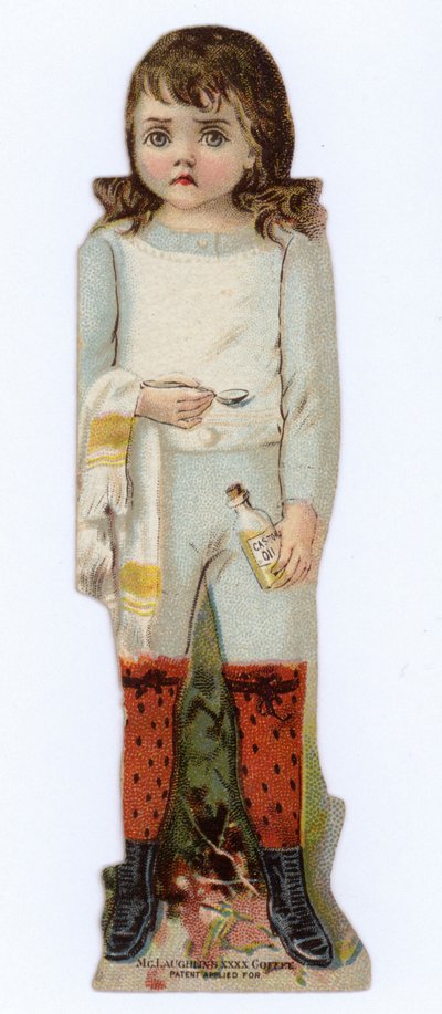 Girl about to take a spoon of castor oil by American School