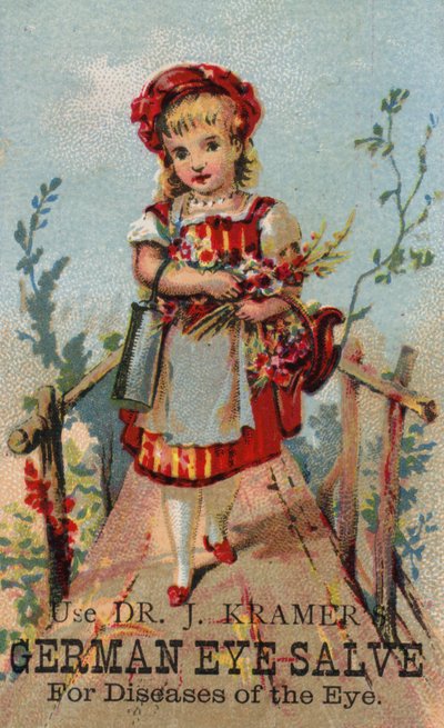 Girl on bridge, advertising German Eye Salve by American School