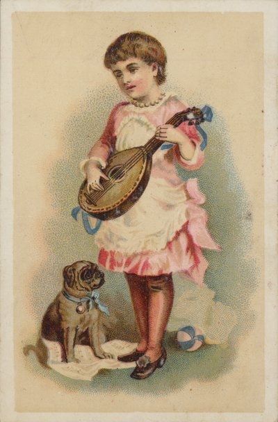 Girl Playing a Mandolin, with a Dog by American School