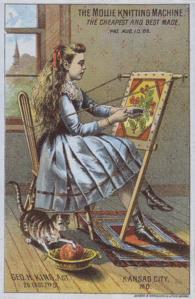 Girl using a knitting machine by American School