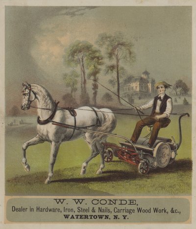 Horse pulling lawn mower by American School
