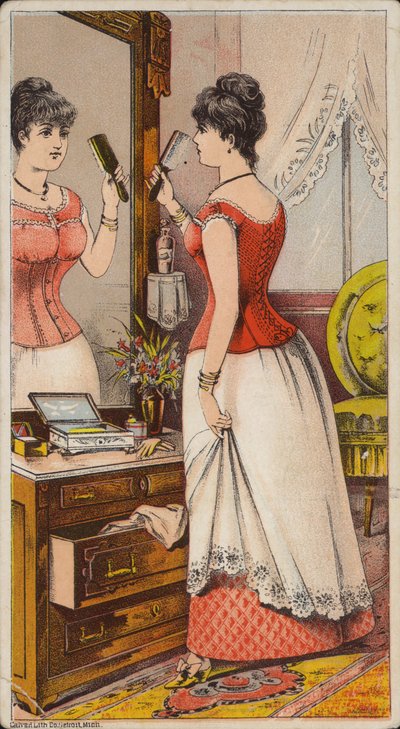 Lady Looking in Mirror Wearing Under Garments by American School