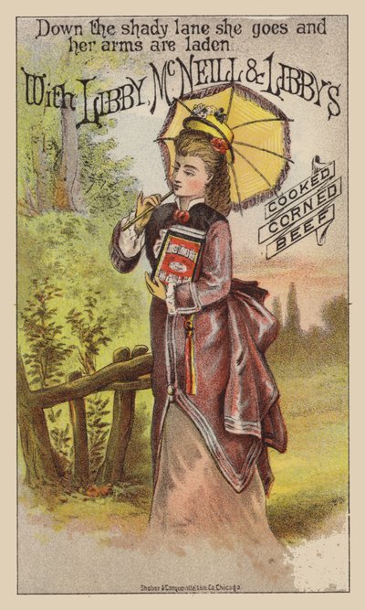 Lady Walking with Large Tin of Corned Beef by American School