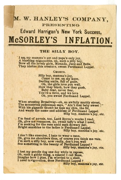 M.W. Hanleys Col presenting Edward Harrigans latest N.Y. Success, McSorleys Inflation [theatre card]. Verso, c.1882 by American School