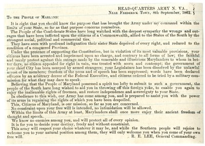Message to the People of Maryland to support the Confederacy, 8th September 1862 by American School
