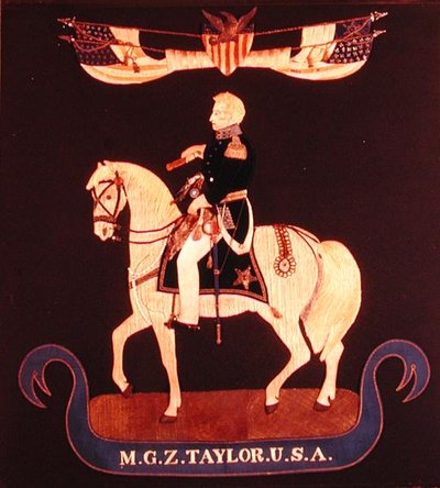 Needlework picture depicting Major-General Zachary Taylor on horseback by American School