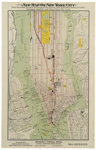 New map of New York City from the latest surveys showing all the ferries and steamship docks, elevated, subways electric and cross town car lines by American School