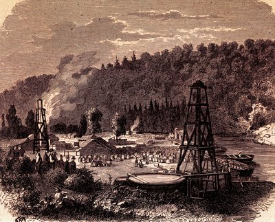 Oil fields in Titusville in Pennsylvania, with first well Derrick invented by Edwin Laurentine Drake in 1859, engraving, USA by American School