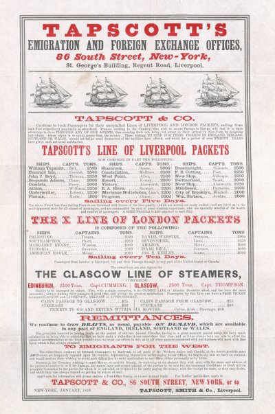 Poster advertising Tapscotts Emigration and Foreign Exchange Offices, New York by American School