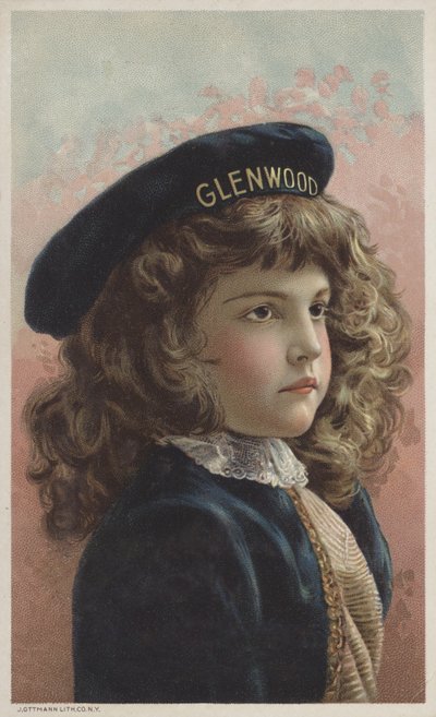 Pretty Girl with Curly Brown Hair and a Cap Bearing the Name Glenwood (chromolitho) by American School