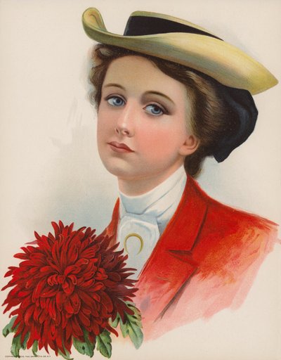 Pretty Young Woman Wearing Hat and Holding a Large Red Chrysanthemum by American School