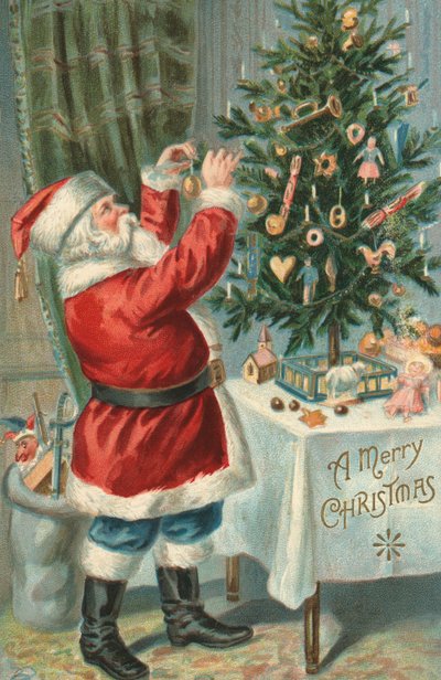 Santa Claus Decorating a Christmas Tree by American School