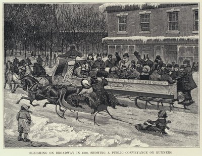Sleighing on Broadway in 1860, showing a Public Conveyance on Runners by American School