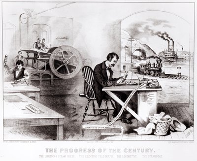 The Progress of the Century: The Lightning Steam Press, the Electric Telegraph, the Locomotive and the Steamboat, pub. by Currier & Ives, 1876 by American School