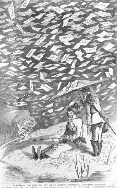The Winter of their Discontent, Jeff and his Lieutenant Overtaken in a Snowstorm of Ballots, c.1894 by American School