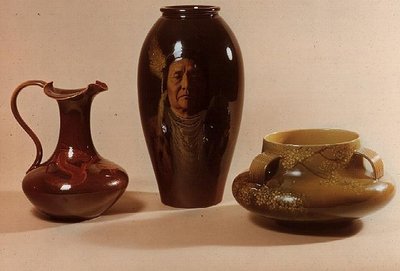 Vase with Portrait of Chief Joseph of Nez Perce Tribe, Signed by W.P. Macdonald; Ewer with Dragon Motif Marked with Initials of Albert R. Valentien; Bowl with Japanese Flower Motif by American School