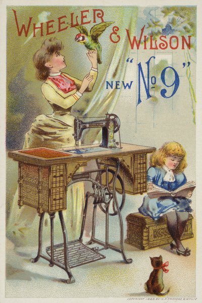 Woman Holding Parrot Next to Sewing Machine by American School