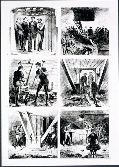 Work inside the caissons, constructing Brooklyn Bridge, New York by American School