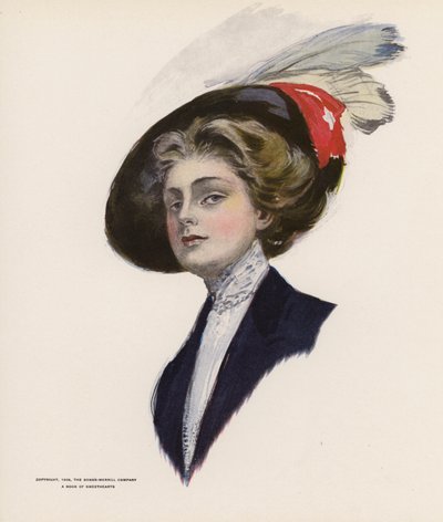 Young woman wearing a hat with feathers by American School