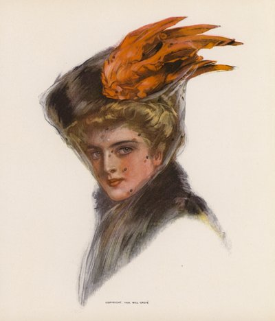 Young woman wearing a hat with orange feathers by American School