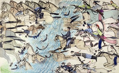 Troopers being driven across the river by Amos Bad Heart Buffalo