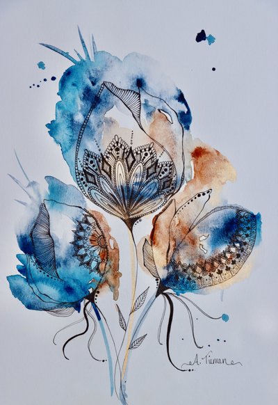 Floral Mandala (blue, gold, burnt sienna) by Amy Tieman