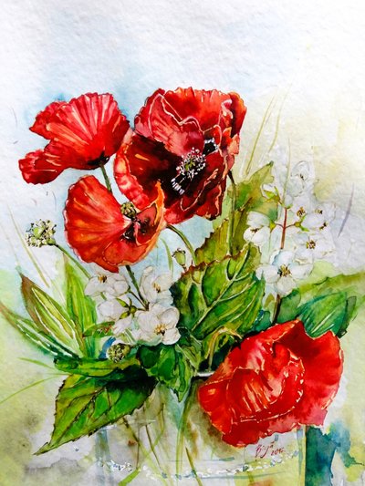 Vibrant Red Poppy Bouquet by Anda Bieza