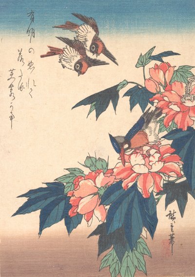 Swallows and Kingfisher with Rose Mallows by Ando Hiroshige