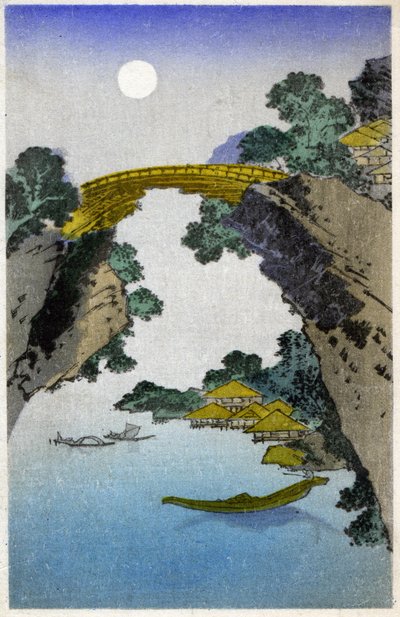 Geography. Japan. Bridge. Woodcut by Hiroshige in: Fifty Three Stations of the Tokaido. Postcard, Japan by Ando or Utagawa (after) Hiroshige
