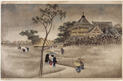 Large Building with Huts Below by Ando or Utagawa Hiroshige