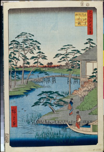 One Hundred Famous Views of Edo: Mokuboji Temple and Vegetable Fields on Uchigawa Inlet by Ando or Utagawa Hiroshige