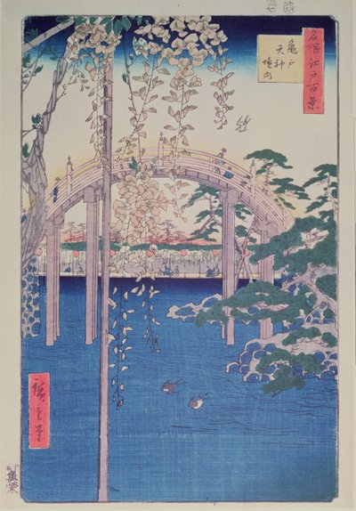 Footbridge Over River with Wisteria in Foreground in Full Bloom by Ando or Utagawa Hiroshige