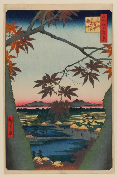 Maple Trees at Mama, Tekona Shrine and Linked Bridge by Ando or Utagawa Hiroshige