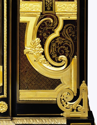 Detail of a C-Scroll Plinth of Parquetry with a Satyr Mask, from a Louis XIV Ormolu-Mounted Petite Armoire (detail) by Andre Charles (attr. to) Boulle
