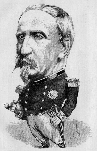 Drawing by Andre Gill representing the Duke of Aumale, French politician and historian, member of the French Academy. Engraving in 