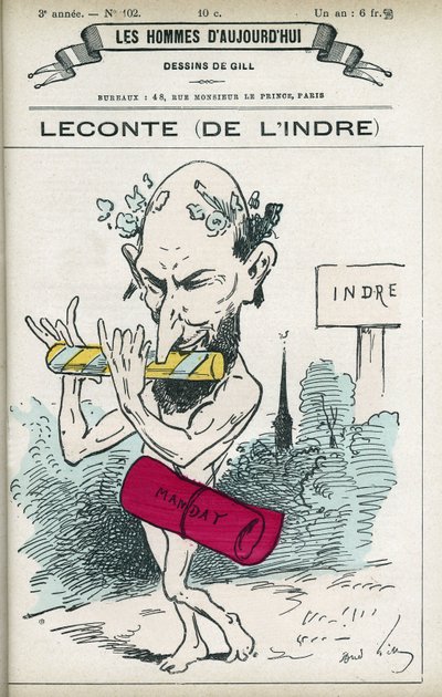 Portrait of Alfred Leconte, French pharmacist, poet, songwriter and politician, he was depute of the Indre from 1876 to 1898. Cartoon by Gill, Paris by Andre Gill