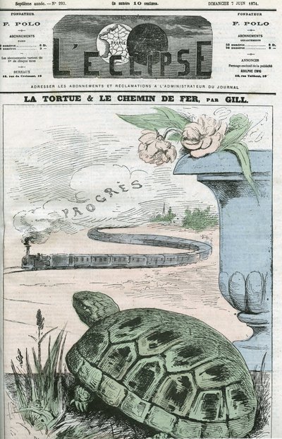 The Turtle and the Railway, an illustration of the technological advances of the railways. Cover in L