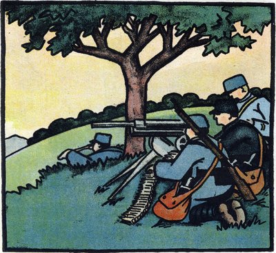 First World War 1914-1918: Soldiers of the French Army Using Machine Guns on the Battlefields. Engraving in 