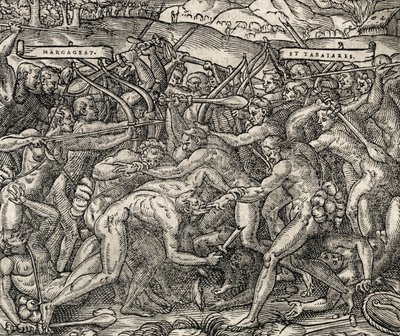 Battle between Margageaz and Tabajares Tribes, from Universal Cosmology by Andre Thevet