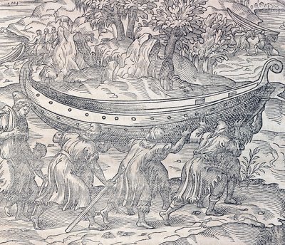 Laplanders carrying their boats, engraving from Universal Cosmology by Andre Thevet