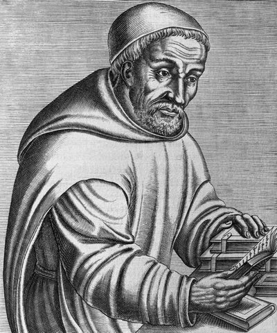 Portrait of Rabanus Maurus Magnentius, German Benedictine monk and theologian, engraving from Les vrais pourtraits et vies des hommes illustres grecz, latins et payens by Andre Thevet