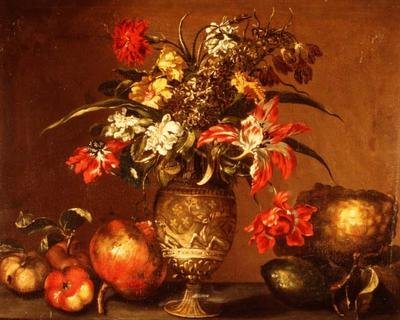 Tulips, a Carnation and Other Flowers in a Silver Gilt Vase with Fruit on a Ledge by Andrea (after) Belvedere