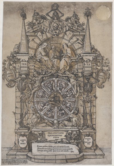 Triumph of Death with three fates in an architectural frame above a wheel of fortune by Andrea Andreani