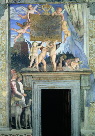 Putti with butterfly wings supporting the dedicatory plaque with hunting dogs and their handlers: (detail) by Andrea Mantegna