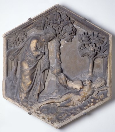 The Creation of Eve, hexagonal decorative relief tile from a series illustrating episodes from Genesis, possibly based on designs by Giotto, c.1334-48 by Andrea Pisano